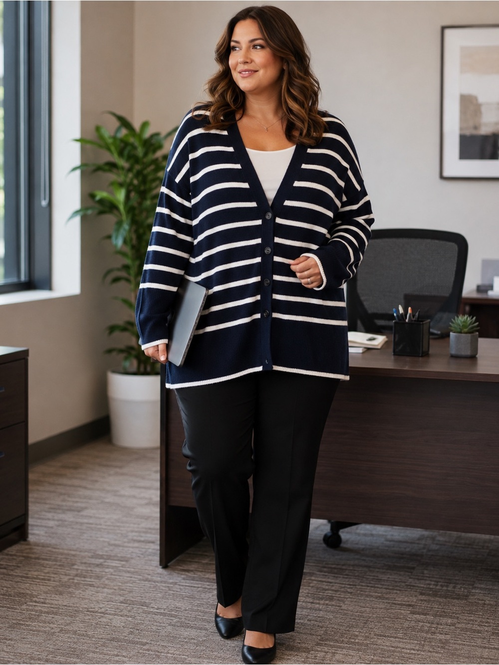 Lane Bryant Navy & White Striped Button‑Down Cardigan Classic Nautical Knit